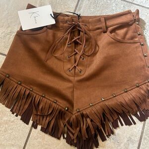 So cute! Brown suede Fringe Lace-Up Shorts